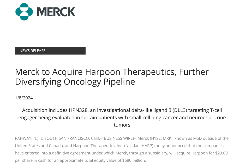 默沙东着力布局CD3双抗，6.8亿美元收购Harpoon Therapeutics